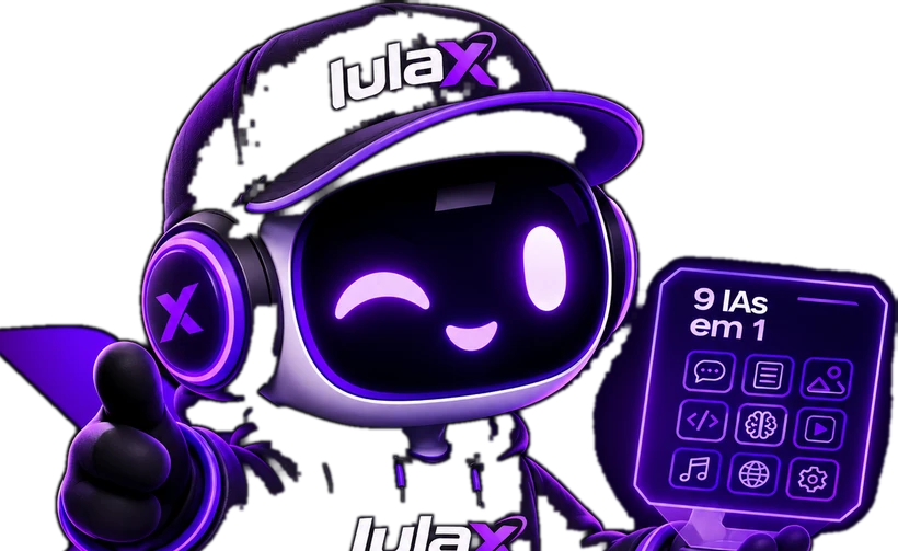 Mascote do Lula X exibindo o painel holográfico com as nove capacidades da plataforma